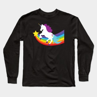 White Unicorn with Rainbow and Stars Long Sleeve T-Shirt